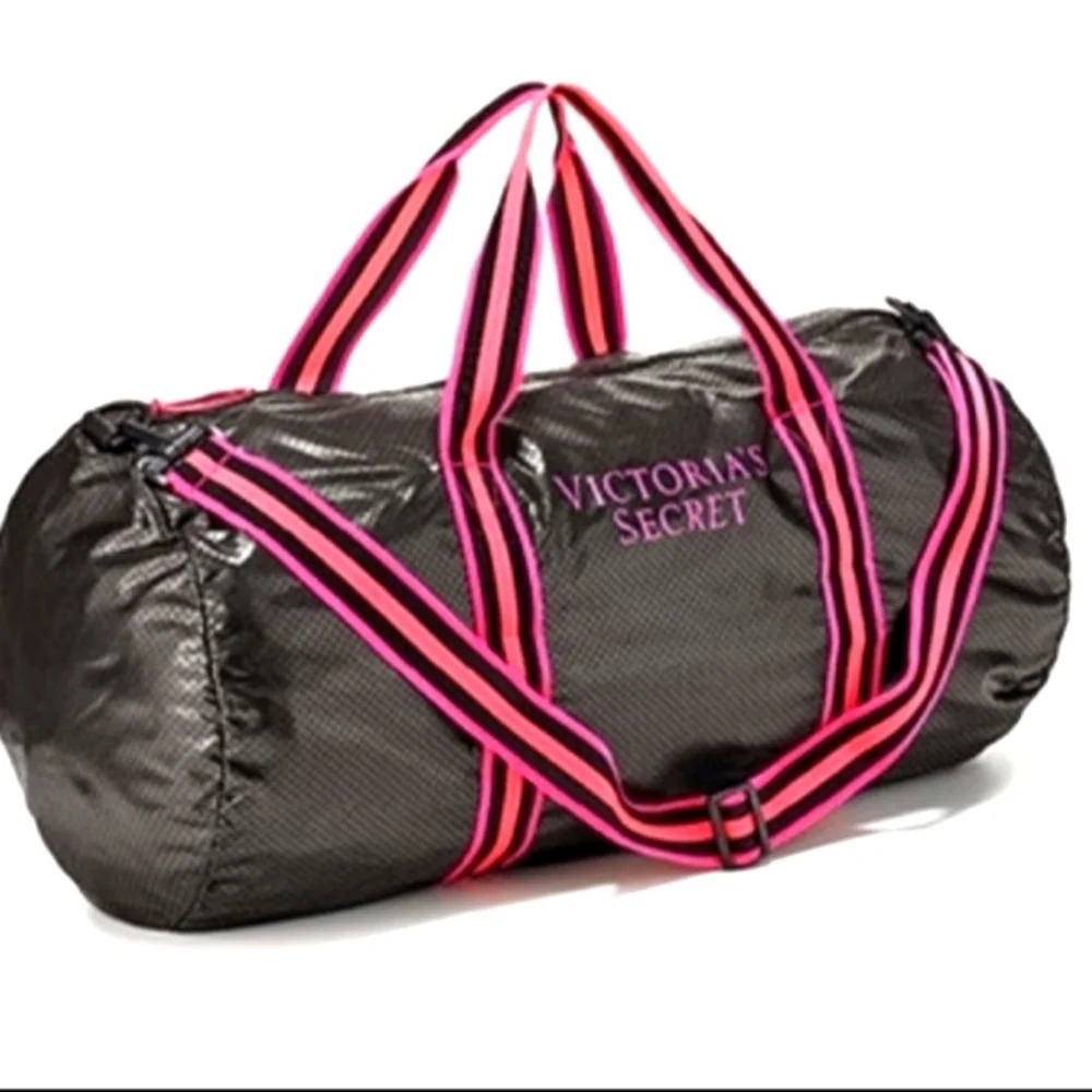 Victoria's Secret Jersey Duffle Gym School Beach Tote Zip Bag Black & Pink Logo